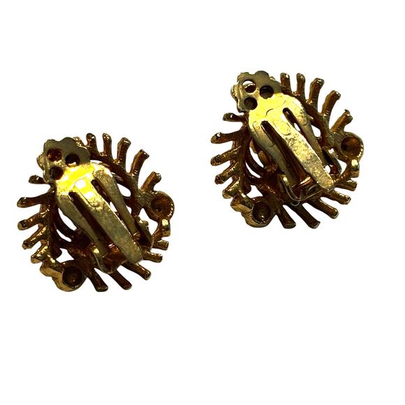 Vintage mid century clip on earrings ornate goldtone & AB center rhinestones - Picture 3 of 7